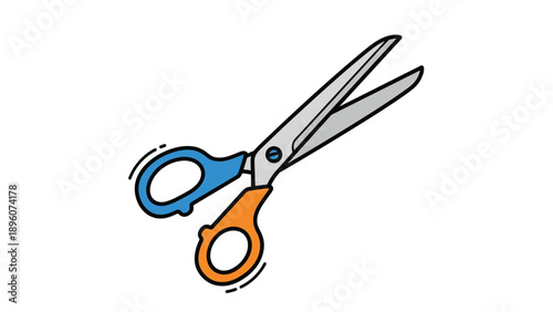 Single pair of sharp scissors with blue and orange handles shown in an open position against a white background.