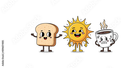 Cute cartoon characters of a slice of bread, a bright sun, and a cup of hot coffee smiling together in a line.