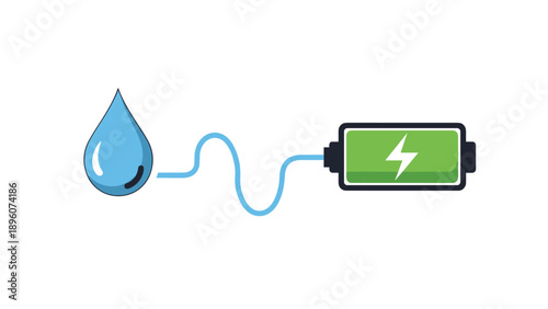 Conceptual illustration of clean energy showing a blue water drop connected by a wire to a green battery icon.