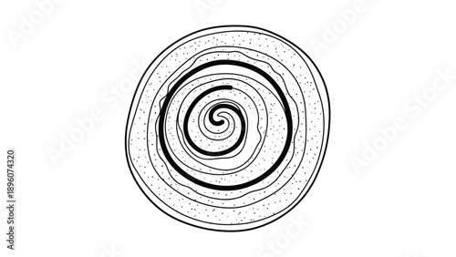 Black and white line art of a spiral cinnamon roll or shell showing detailed swirls and organic textured patterns.