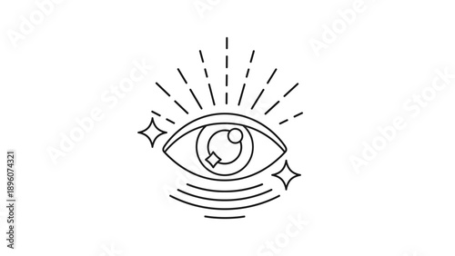 Minimalist line art illustration of a mystical eye with shining rays and stars representing vision, insight, or spiritual awareness.