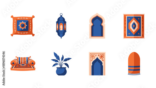 Decorative elements in moroccan style featuring lanterns and pillows