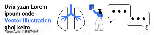 Healthcare, education, medical research, respiratory science, communication, online learning. Human lungs paired with a person holding a book and speech bubbles. Healthcare and education