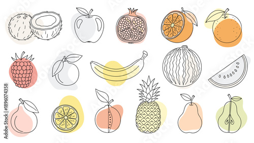 Assorted fruit set including coconut, apple, pomegranate, orange, raspberry, banana, watermelon, and pineapple in a hand drawn style.