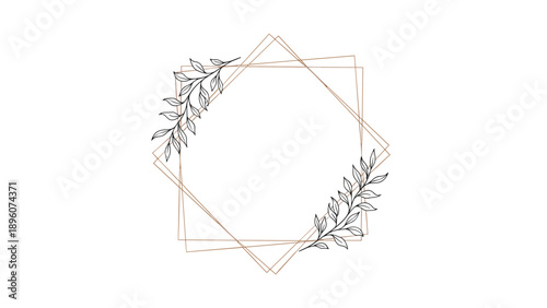 Elegant geometric frame composed of thin interlocking diamond shapes decorated with delicate hand drawn leafy branches and foliage.