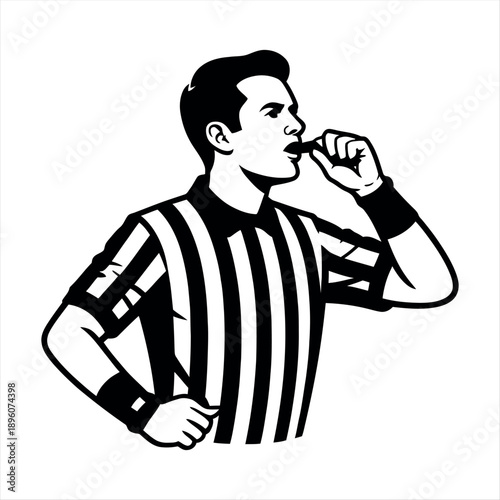 A referee holding a whistle, ready to make a call during a sports game. Vector