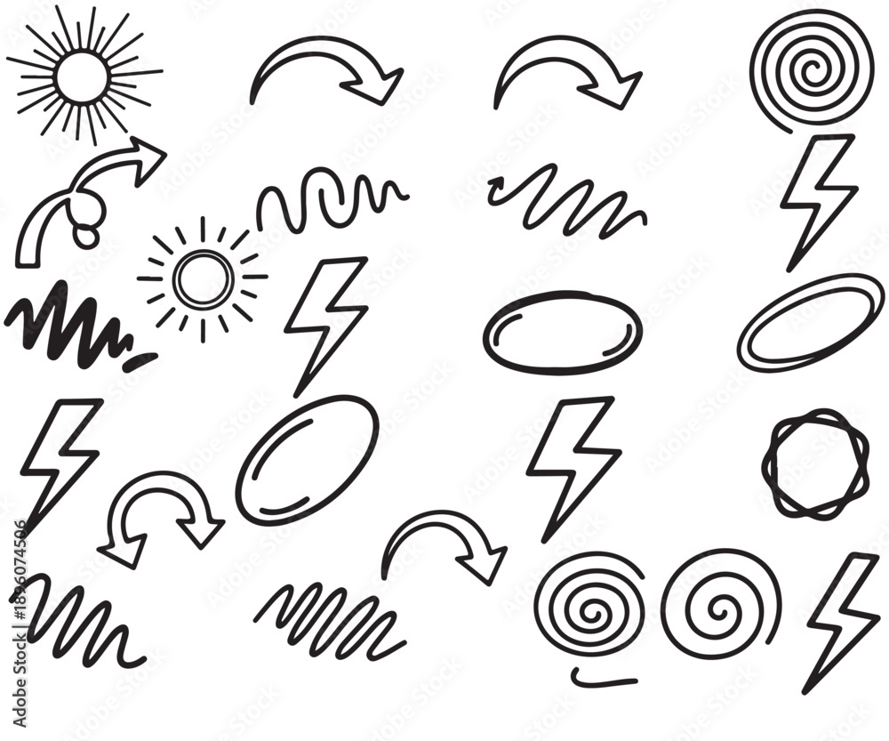 Obraz premium Collection of hand drawn weather and directional symbols