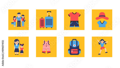 Family summer travel vibes: luggage, outfits, and vacation fun in flat design
