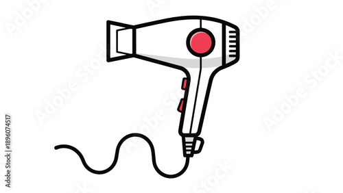 Simple line art illustration of a hair dryer appliance with a red button and wavy power cord isolated on a plain white background.
