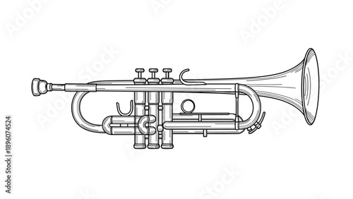 Detailed line drawing of a musical trumpet instrument showing valves and bell in a classic vintage style for educational or design projects.