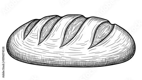Hand-drawn sketch of a crusty loaf of fresh bread with detailed cross-hatching and texture for bakery branding or culinary theme designs.