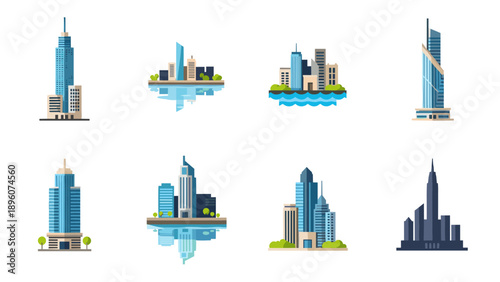 Urban cityscape collection: modern skyscrapers and iconic buildings in flat design