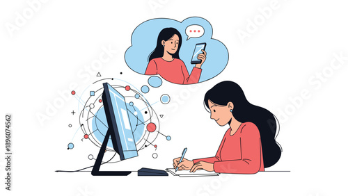 Young woman working diligently at a computer desk while thinking about a phone conversation with another female character in a bubble.