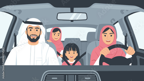 Family car journey: smiling parents and children wearing hijabs in modern interior