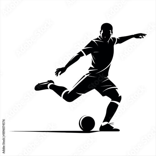 A dynamic silhouette of a soccer player in action, kicking a ball. Vector