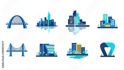 Urban landscape icons with bridges and buildings in modern flat design