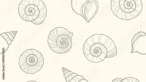 Seamless vector pattern featuring various hand-drawn seashell illustrations in a minimalist line art style on a neutral beige background.