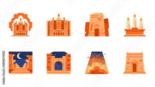 Icon set of iconic petra sites and monuments in flat design style