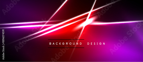 Vibrant neon lines intersect over dark background. Red, purple hues create dynamic visual effect. Modern design element.