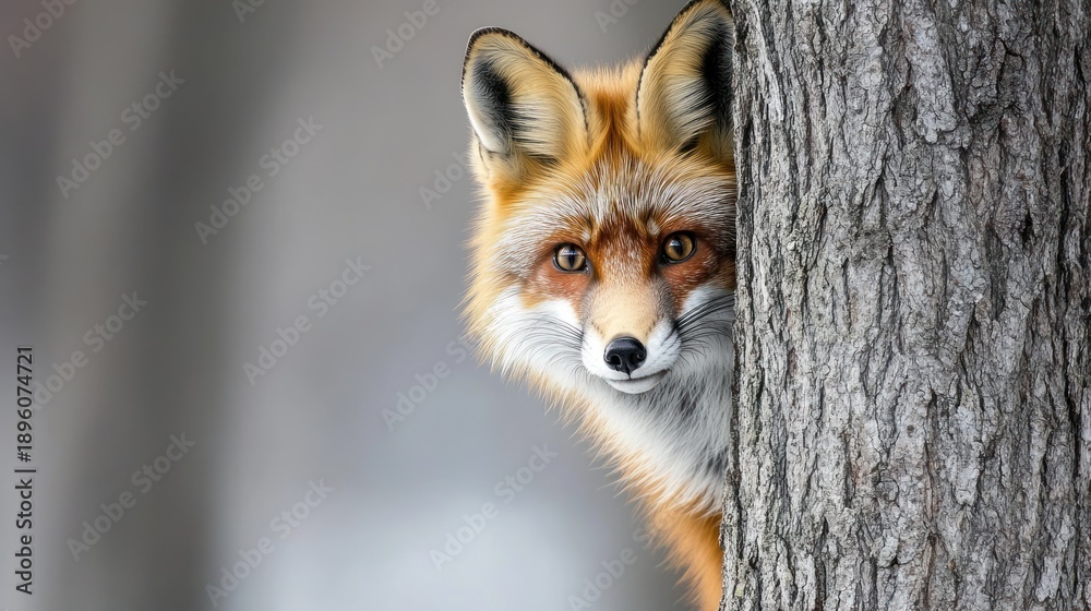 Fototapeta premium Red fox peeking from behind a tree trunk in a forest.