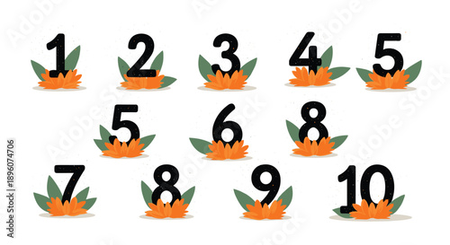 Numeric set from one to ten is creatively decorated with bright orange flowers and green leaves for a festive design.