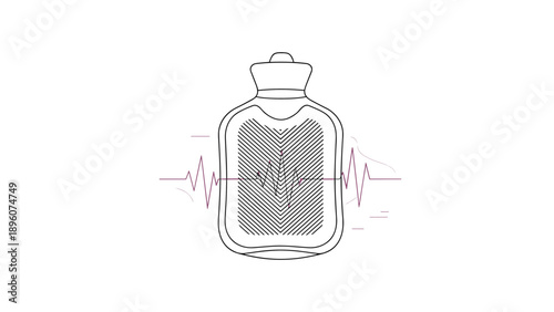 Medical hot water bottle illustration with a thin red heartbeat line passing through it to represent comfort health care and recovery.