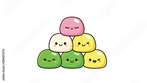Stack of colorful mochi rice cakes with cute smiling faces in green yellow white and pink colors for a sweet Japanese dessert illustration.