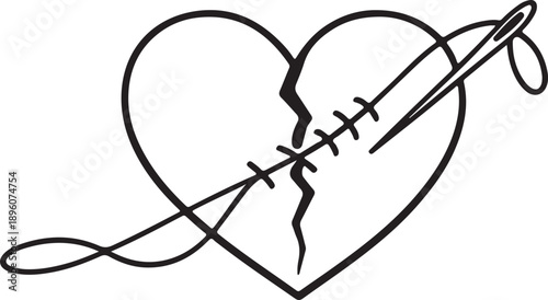 Mended Broken Heart with Needle and Thread Vector – Healing Love and Relationship Recovery