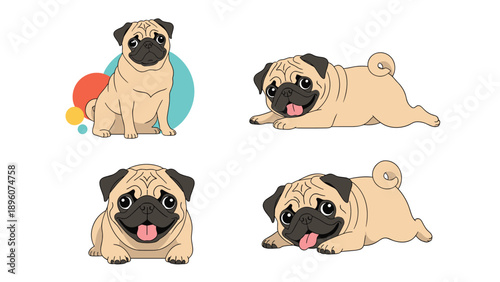 Collection of adorable pug dog character illustrations featuring various poses including sitting, lying down, and happy expressions.