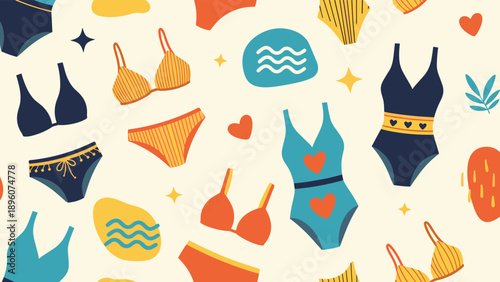 Vibrant seamless pattern featuring a variety of colorful women swimsuits including bikinis and one-piece designs with summer elements.