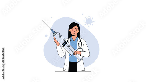 Medical professional female doctor in a white coat holding a giant syringe for vaccination against a stylized virus background.