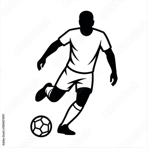 A black and white illustration of a soccer player kicking a ball. Vector