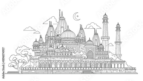Intricate line art drawing of a majestic mosque complex with domes and minarets under a crescent moon, perfect for coloring.