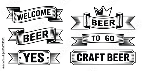 Vintage Beer Banner Set with Engraved Ribbons and Craft Beer Labels in Monochrome Retro Style