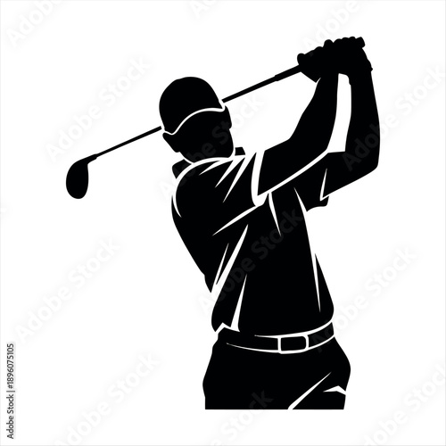 A golfer in mid-swing with a golf club, captured in a striking black and white silhouette. Vector