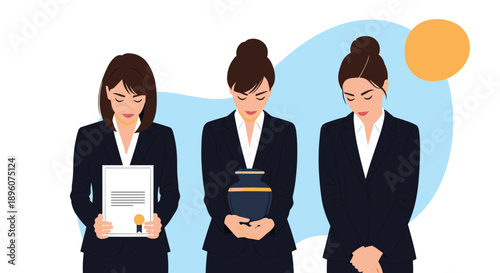 Group of three professional women in dark suits stand somberly at a funeral holding a certificate and a cremation urn.