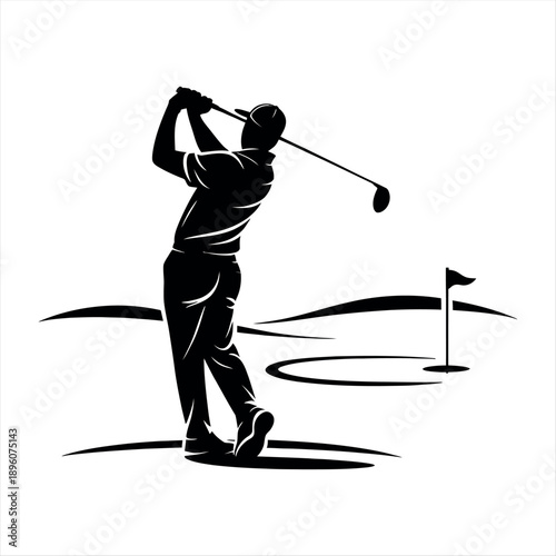A silhouette of a golfer swinging a club on a golf course with a flag in the background. Vector