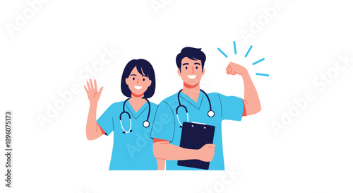 Cheerful team of medical workers including a female nurse and a male doctor show confidence with a wave and flexed muscle.