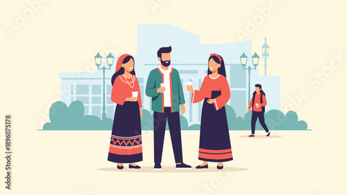 Flat design: people in traditional clothing conversing outdoors
