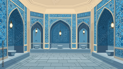 Beautiful interior of traditional middle eastern bathhouse with ornate blue tiles