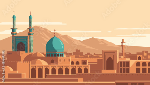 Ancient middle eastern cityscape with mosque and mountains in flat design