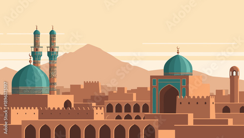 Flat design middle eastern skyline with historic domes and towers