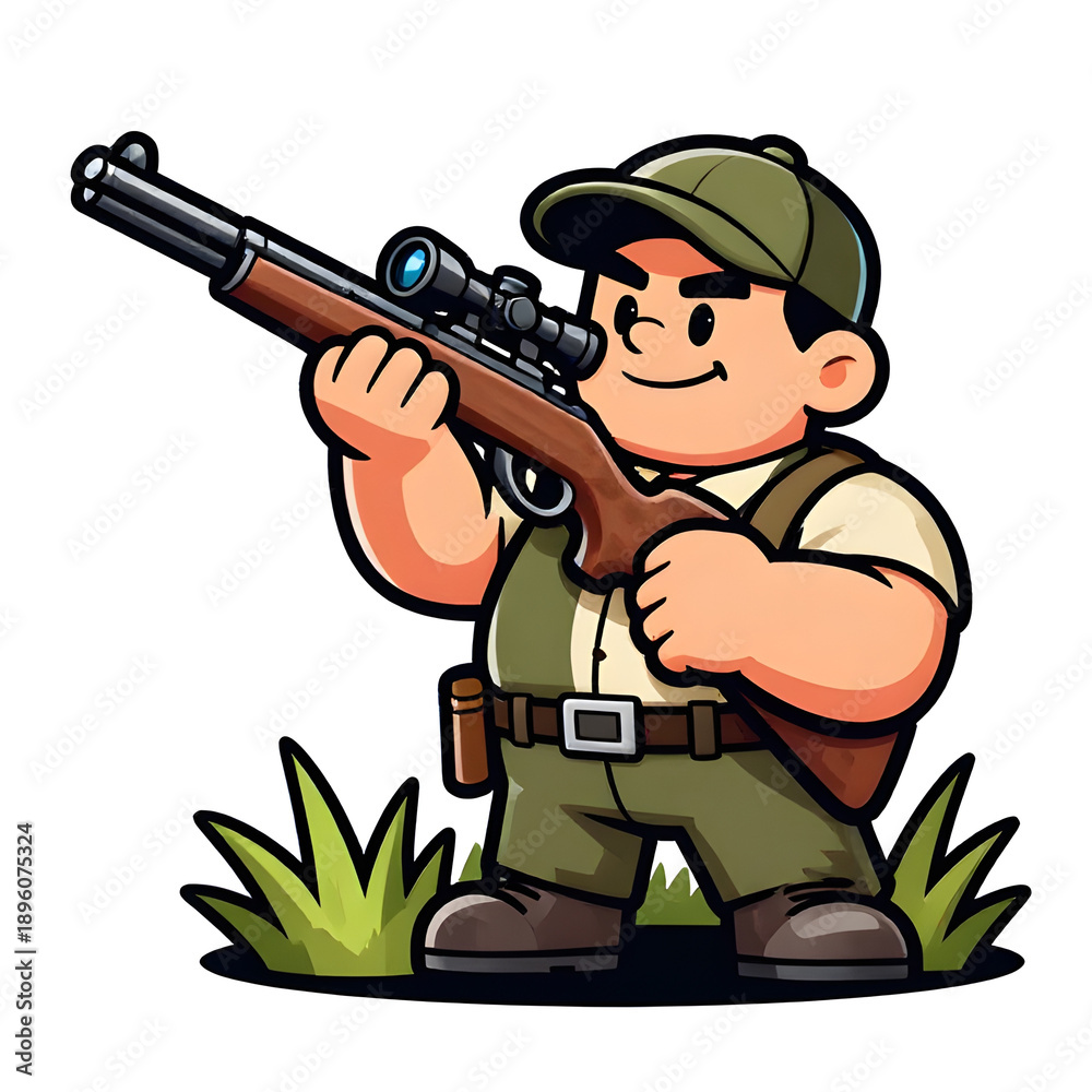 Fototapeta premium A burly hunter with a rifle. Dressed in hunting clothes. Cartoon mascot, illustration, clean lines, flat design, modern, high quality
