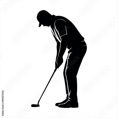 A golfer in mid-swing with a focused stance and determined expression. Vector