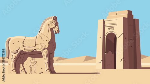 Desert ruins with ancient horse sculpture and stone monument
