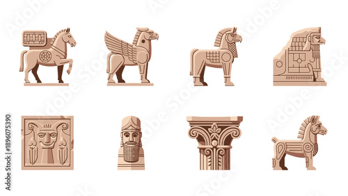 Ancient sculptures and architecture elements in flat style