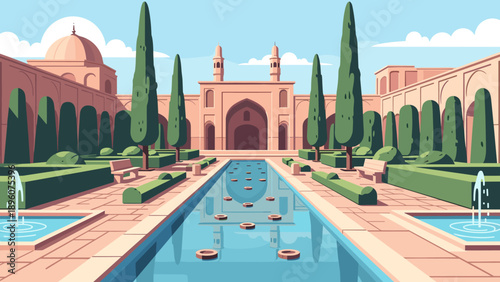 Serene courtyard garden with reflective pool and historic architecture