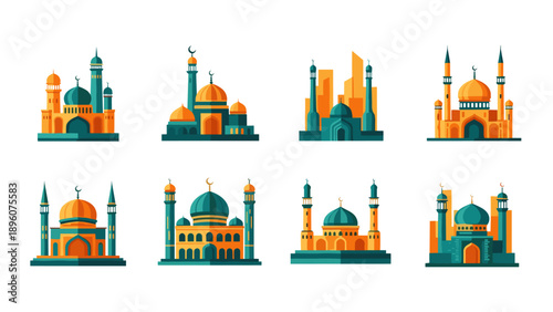 Colorful flat mosque designs: set of 8 vibrant architectural icons