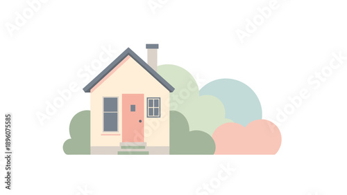 Flat minimalist pastel house with trees on white background