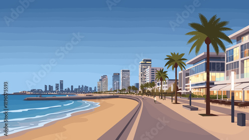 Coastal cityscape with beachfront walkway and modern architecture in flat design